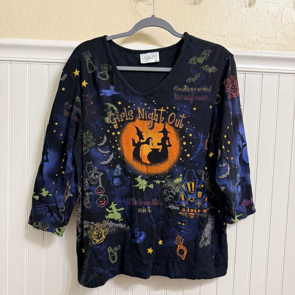 Cactus Bay Y2K Girls Night Out Witchy Embellished Halloween Top, Black, XXL